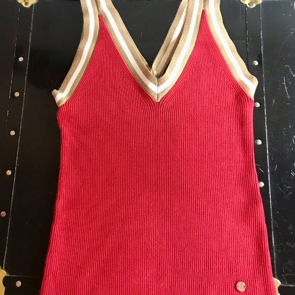 Tommy Hilfiger V-Neck Knit Tank Top Women's Samba Multi Pullover Sleeveless Red - Picture 2 of 5